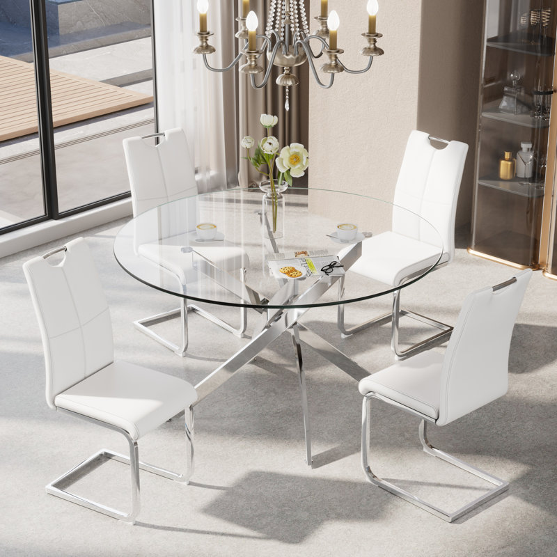 5 - Piece Round Glass Pedestal Dining Set, Silver, 29.5"H x 47"L x 47"W, White/Silver