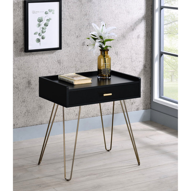 Table d'appoint de style Mid-Century, 23,5 po noir avec pieds en épingle à cheveux en cuivre et contreplaqué mat, tiroir pour table avec finition, assemblage requis