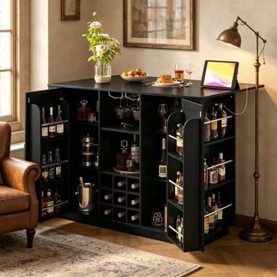 47.2-Inch Bar Counter With Folding Tabletop And Power Outlets, Double-Door Storage Including Wine Rack And Glass Rack.