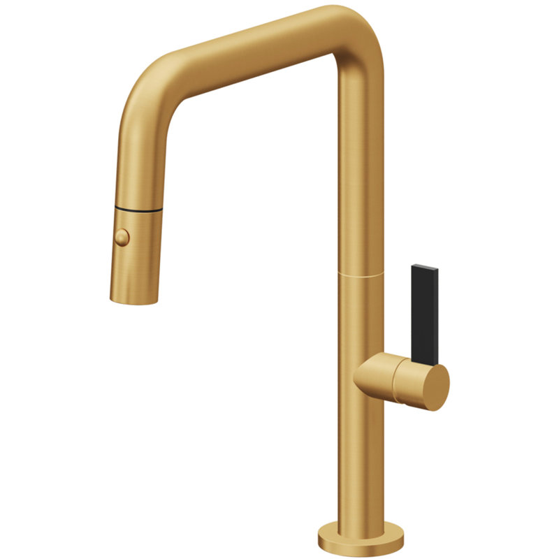 Pull-Down Kitchen Faucet With Button Sprayer - Quad Spout, Antique Copper Flat, Black Flat Blade