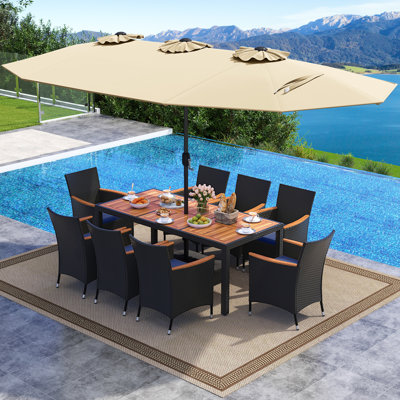 11 PCS Patio Wicker Dining Set with Double-Sided Outdoor Umbrella 8 Stackable Chairs by Arlmont & Co.