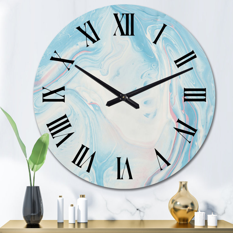Horloge murale moderne bleu clair et blanc en marbre liquide III, Grand