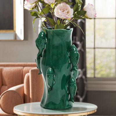 Grand vase à poisson en céramique vert marine 12 pouces - Vase décoratif côtier avec motif de poisson 3D