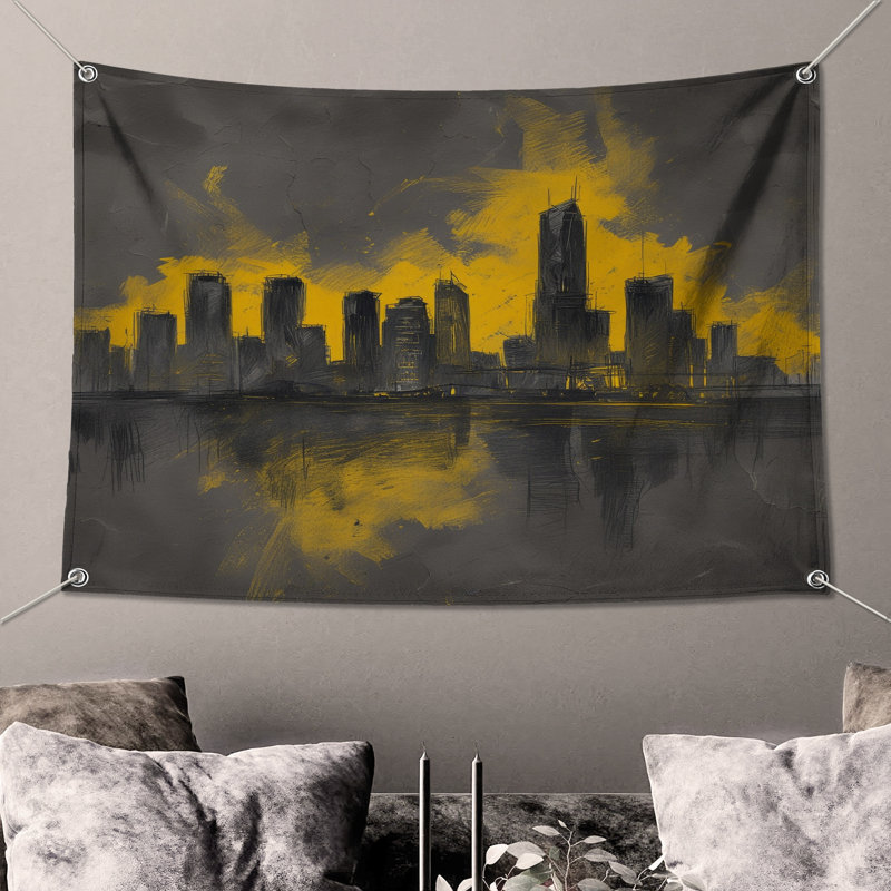 Tapisserie murale jaune paysage urbain, 50 po H x 60 po L avec 4 œillets