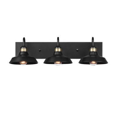 24" 3-Light Vanity Light, Matte Black , Matte Brass Accents, Black Metal Shades With Exposed Bulb Design, Beauty Room Accessories, Bathroom Lights Over Mirror, Makeup Mirror Lights, Wall Light