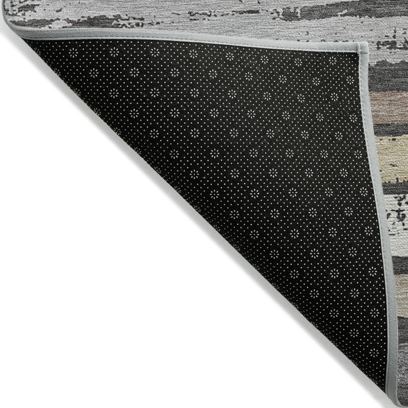 Charcoal and Beige Striped Synthetic Washable Rug