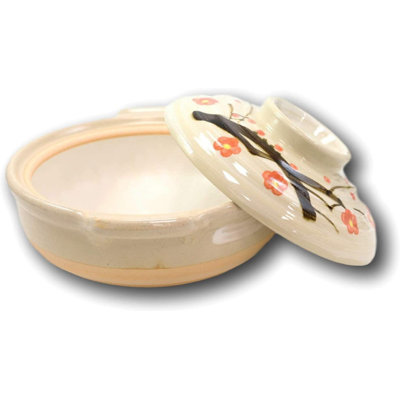 Fabriqué au Japon par Ebros Fleur de cerisier traditionnel Sakura Famille japonaise de style cuisine Donabe Grès à cuisson directe à la flamme ou en argile avec couvercle Couvercle pour four à micro-ondes de 90 oz