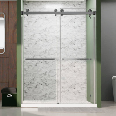Royal 56 to 60 in. x 72 in. H Frameless  Double Sliding Shower Door with Two Towel Bars in Space Gray and 3/8 in. (10mm) Clear Glass