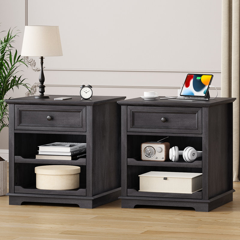 1 ensemble de tables de chevet avec plateau de rangement et station de charge intégrée, Noir, Set of 2