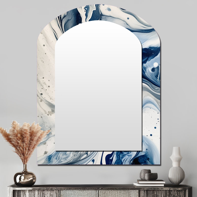 Bleu et gris Ethereal Elixir IV - miroir mural à arc abstrait, miroir décoratif asymétrique bleu, impression sur métal