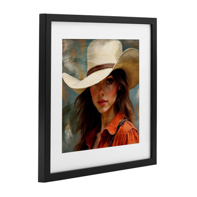 Cowgirl Gaze Beneath Hat Framed Print Under Glass, design by Kim Allen