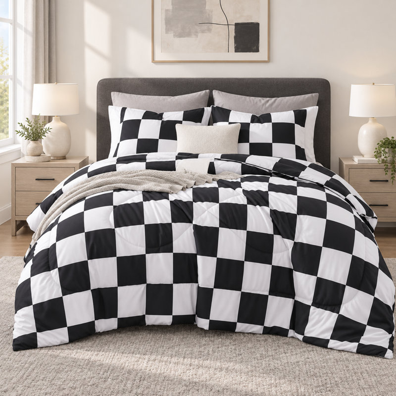 Édredon grand et grand damier Andency (90 x 90 pouces), ensemble de lit en vichy écossais noir et blanc pour enfants, literie en microfibre géométrique légère BCBG, 3 pièces