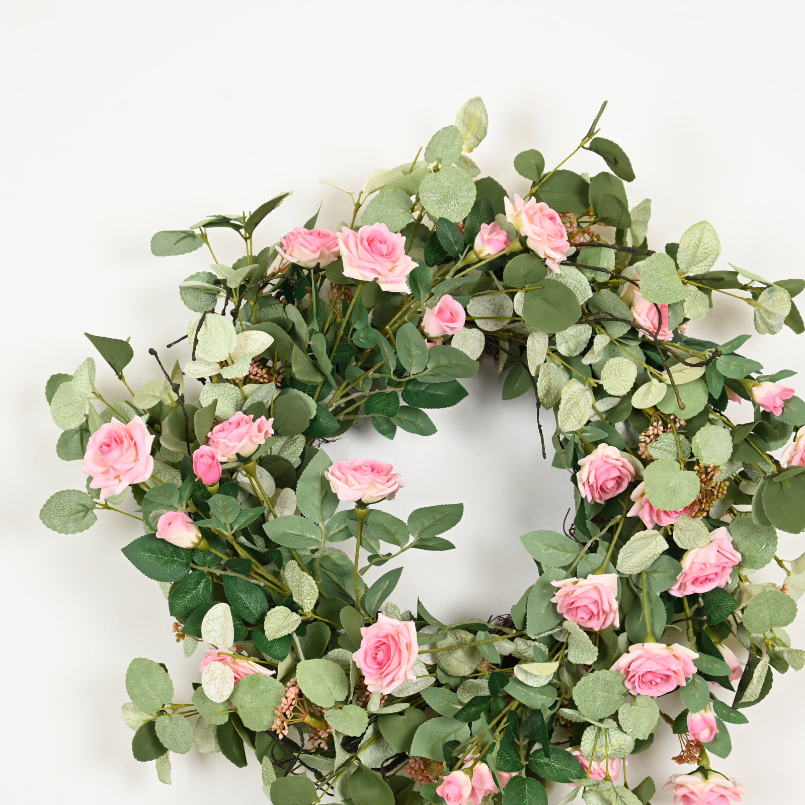 22" Handcrafted Eucalyptus Rose No Holiday Wreath, Pink/Green