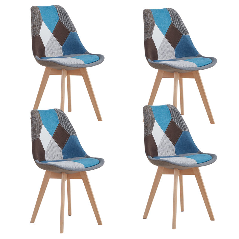 42.5cm H Patchwork Fabric Dining Chair, Retro Style Upholstered Side Chair with Solid Wood Legs, Blue/Brown/Grey