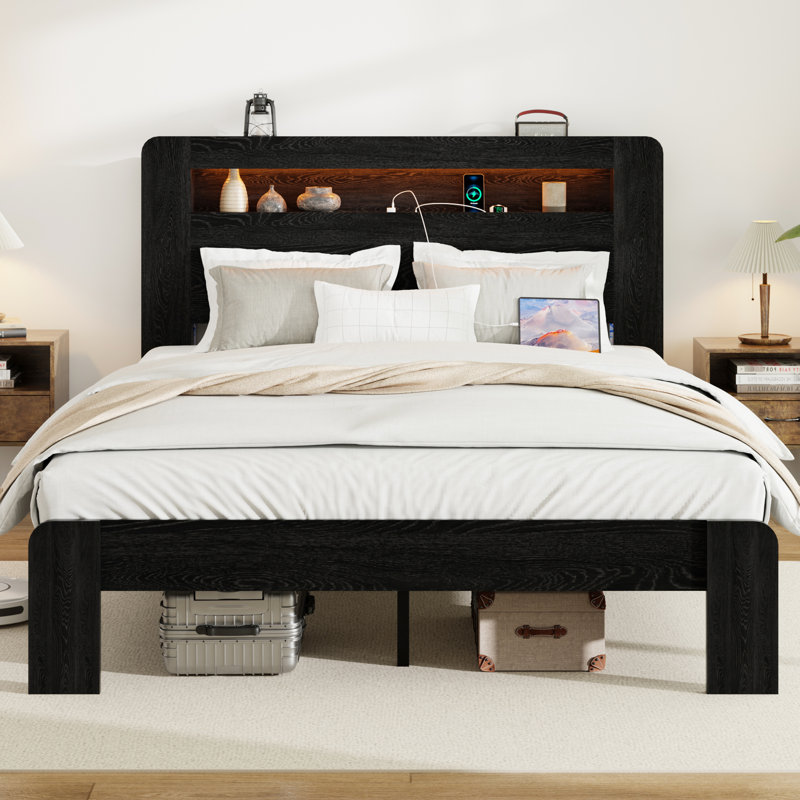 Structure de lit double, métal noir foncé et bois avec tête de lit avec rangement, 2 ports, bruit, pas de sommier, assemblage facile sous la structure, plateforme
