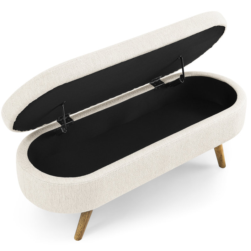 Banc de rangement ovale fait à la main en lin beige sur pieds en bois d'hévéa, Beige, Brown