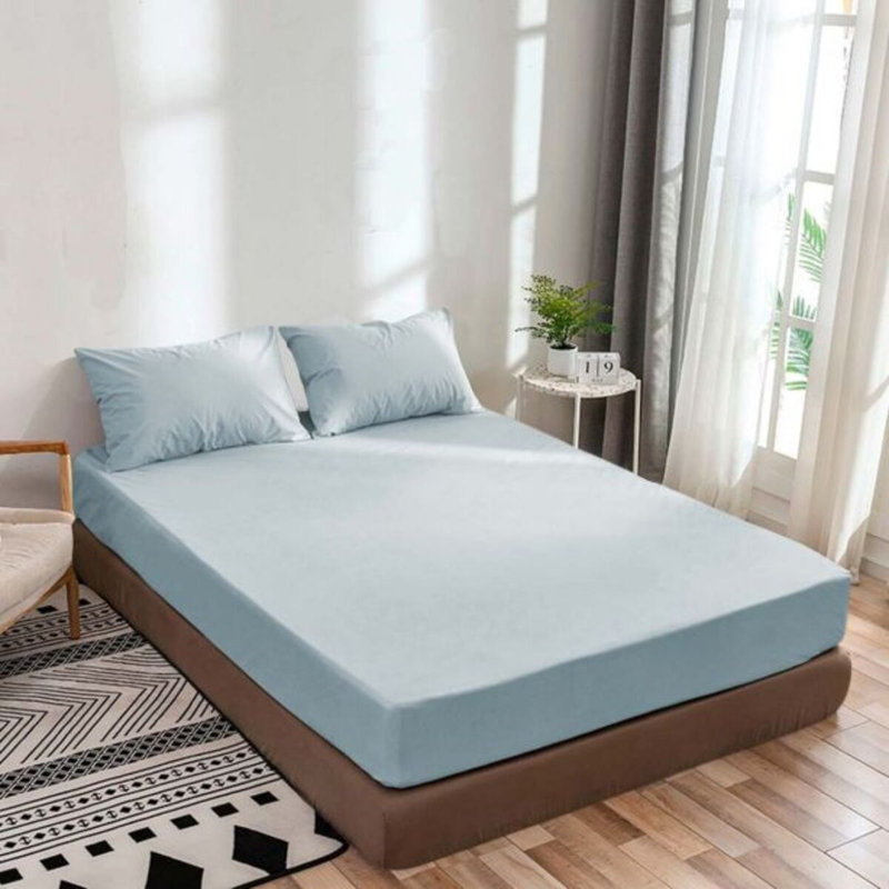 400TC Sateen Solid Cotton Fitted Sheet Fits Upto 12" Deep Pocket, California King Fitted Sheet, Light Blue
