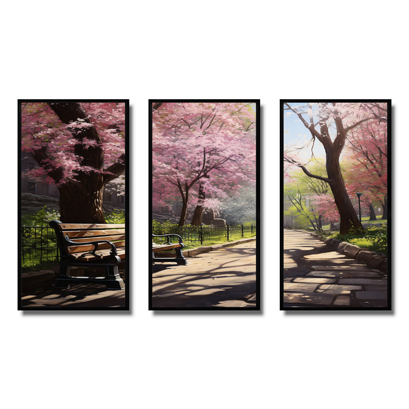 «Pink Springtime Park Floral Canopy III», art mural sur toile, Cadre flottant noir, H 32 po x l 48 po x P 1 po