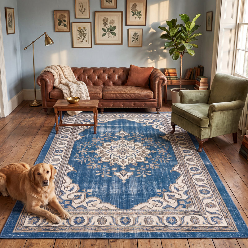 Tapis Chromite d'aspect vintage bleu ivoire or gris beige antidérapant à poils courts pour l'intérieur et l'extérieur, adapté aux animaux domestiques, salon, chambre, salle à manger, entrée, couloir, bureau, lavable