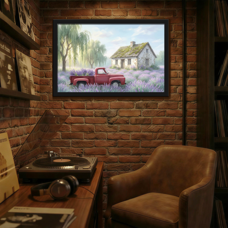 Plantes et fleurs, camion rouge, lavande, scène champêtre, 12” H x 18” W