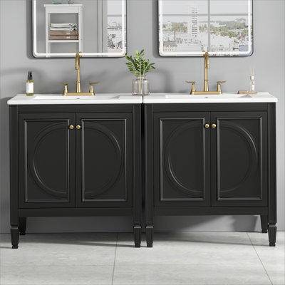 Meuble-lavabo de salle de bain avec lavabo en céramique, tiroir de rangement et portes à fermeture en douceur