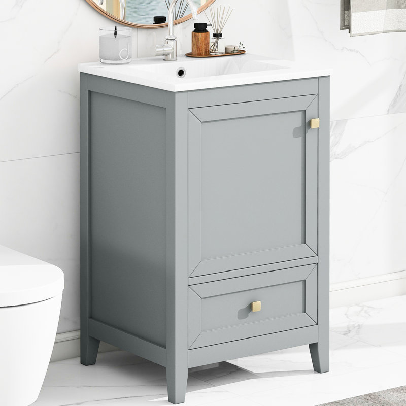 Meuble-lavabo gris de 50 cm avec lavabo, style moderne, autoportant, fini peint, porte à fermeture amortie, tablette de rangement, tiroir, panneau, céramique, métal, gris, espace, acier inoxydable