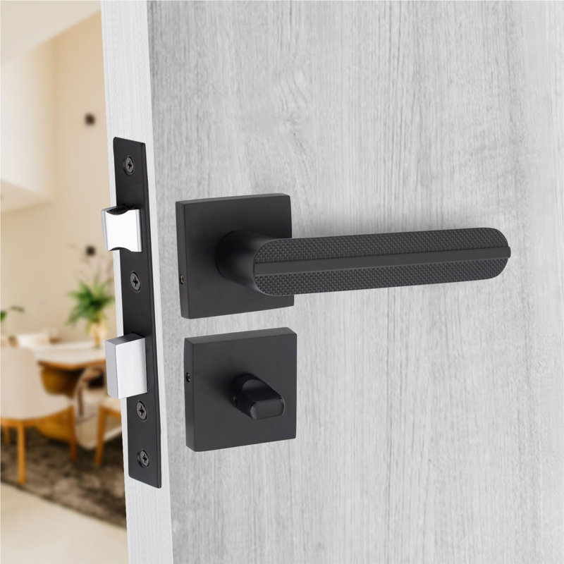 Modern Lima Design Premium Bathroom Door Handles on Square Rose with Dead Bolt, Latch, Ball Hinges and Thumbturn