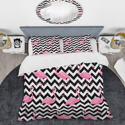 Pink Flamingos Chevron - Abstract Duvet Cover Set - Microfiber Polyester