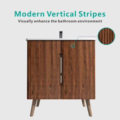 30" Striped Walnut Bathroom Sink Vanity - Modern, Curved Edges, Adjustable Shelves, Freestanding & Wall Mounted Walnut, Modern Design, Edges For , Or
