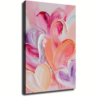 Thick Paint Pink & Purple Hearts Canvas Wall Art Framed Ready to Hang Living Room Bedroom Home Decor