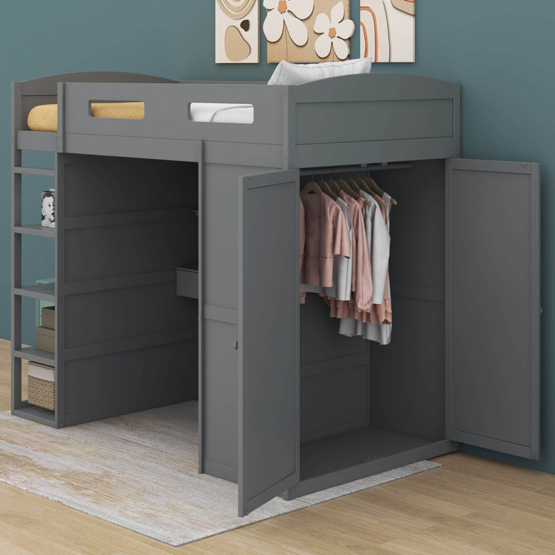  Lit mezzanine avec bureau, armoires, 4 tiroirs et 4 tablettes Onnofried, Gris, Double