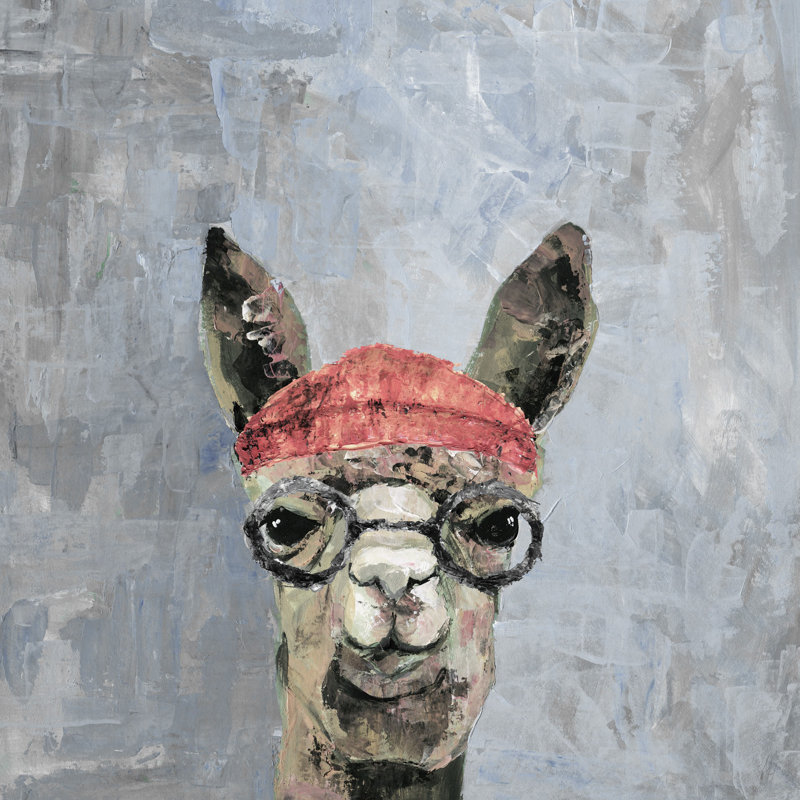 Hipster Llama II - Wrapped Canvas Print, 20cm H x 20cm W x 3.81cm D, Grey/Brown/Red