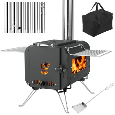 Poêle à charbon portatif pour camping et tentes - Grande chambre de combustion de 1610 po³ - Fenêtre en verre pliable en acier inoxydable à haute température, tuyaux de cheminée - Chaufferette d'extérieur et cuisinière - Comprend un sac de transport