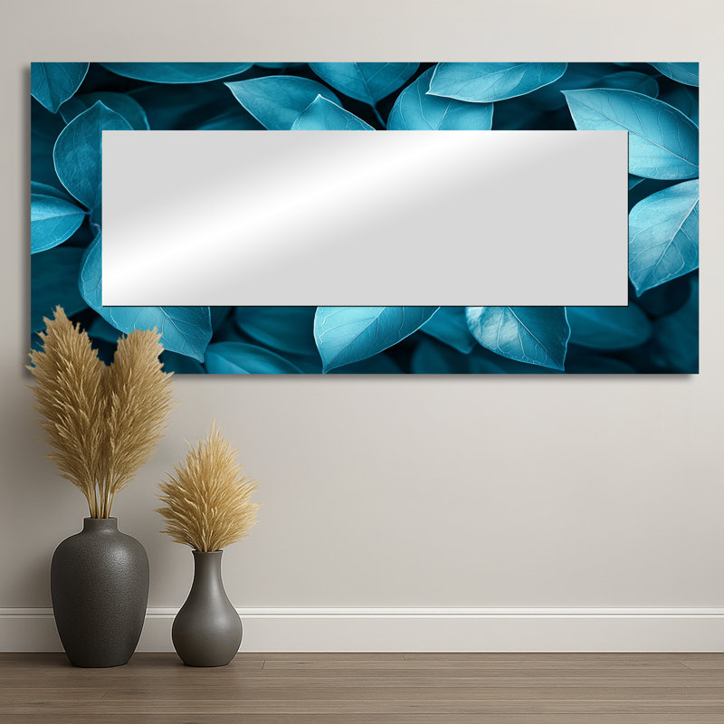 Feuilles de feuilles bleu sarcelle monochromes II - décoration murale miroir floral - imprimé sur métal, 28 po x 60 po