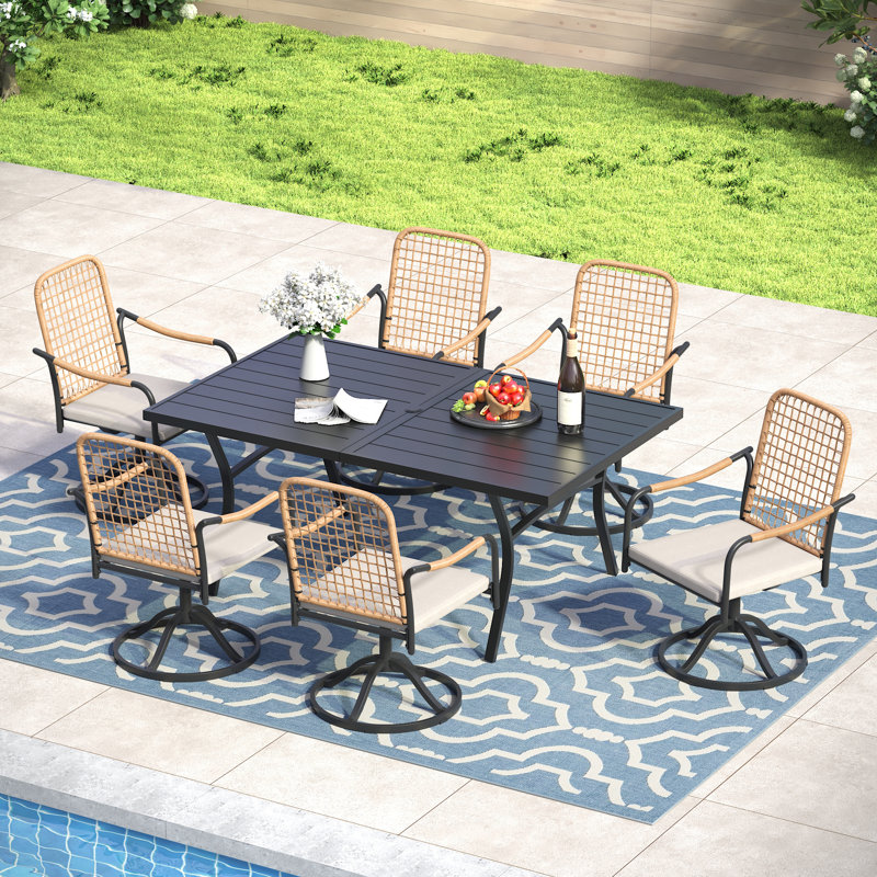 6-Person 63" Rectangular Outdoor Dining Set With Cushioned Swivel Woven Rattan Chairs, Black