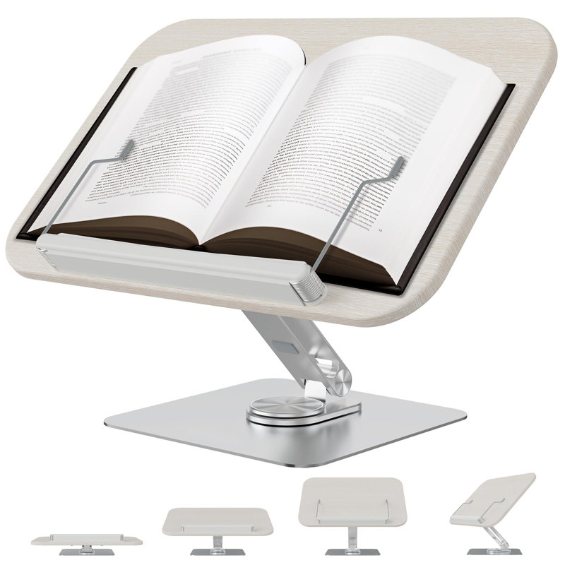 Book Stand For Reading, 360° Rotate & Multi Heights Adjustable Book Holder,Foldable Cookbook Book Stands With Elastic Page Clips For Sheet Music, Recipe, Laptop, Textbook (Light Wood)