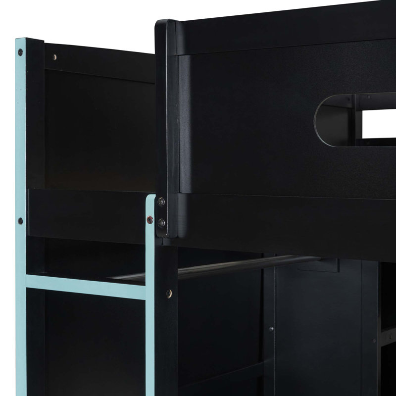 Lit mezzanine double en bois avec bureau, garde-robe, grand espace de rangement et lumière DEL RVB, Bleu