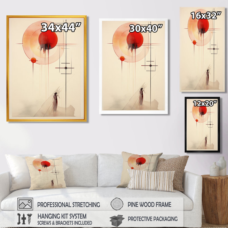 Lune rouge, géométrie rétro, art mural abstrait, H 32 po x l 24 po x P 1 po, Toile avec cadre flottant noir
