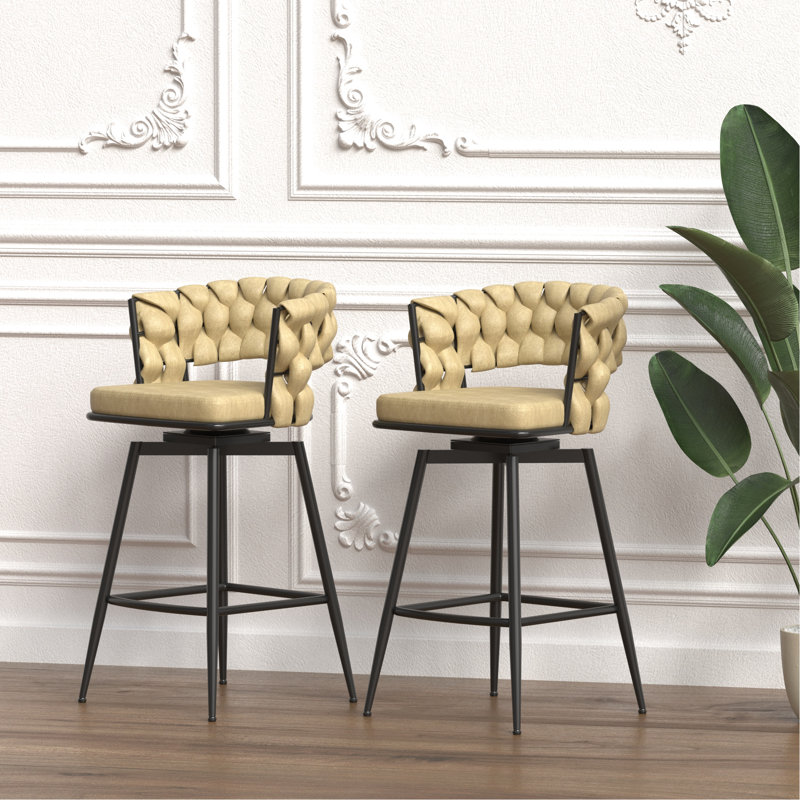 Tabourets de bar en cuir technique brun de 2. Tabourets de 28 po pivotants, à base, tissés et rembourrés pour îlot de cuisine, restaurant 28 po. Cuir, métal avec barres, tavernes, cafés