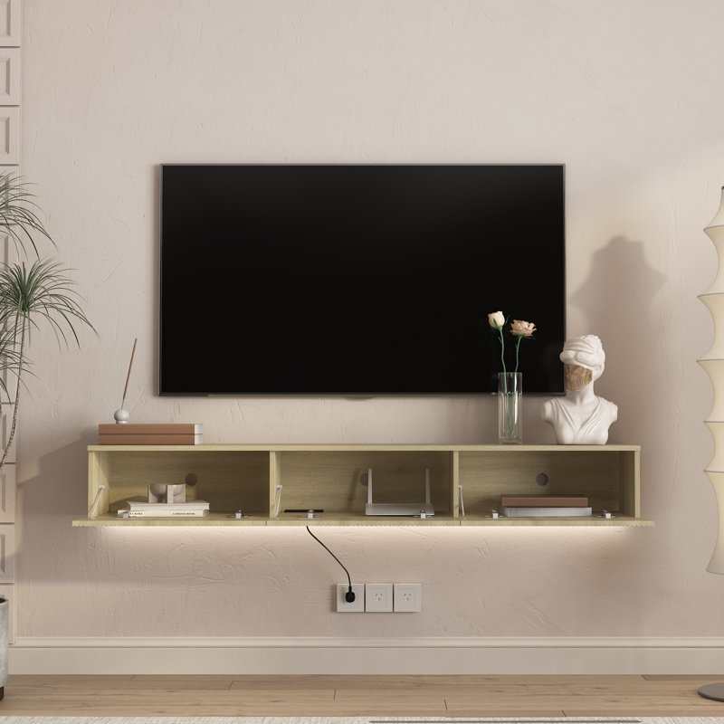 65" Modern Wall-Mounted Floating TV Stand with 16 Color LEDs, Entertainment Center for 55-65 Inch TVs, Wood, W64.96*H9.17