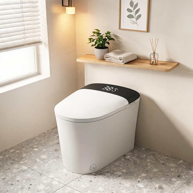 Toilettes intelligentes en céramique blanche et noire de 68,5 cm (27 pouces) avec bidet intégré, siège chauffant, chasse d'eau automatique et séchoir.