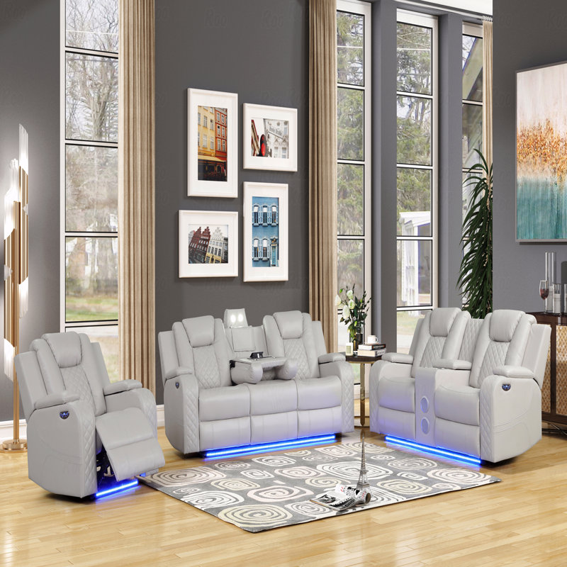 LED Light And With Power Recliner Function 3 PC Made With Faux Leather Upholstered In Ice