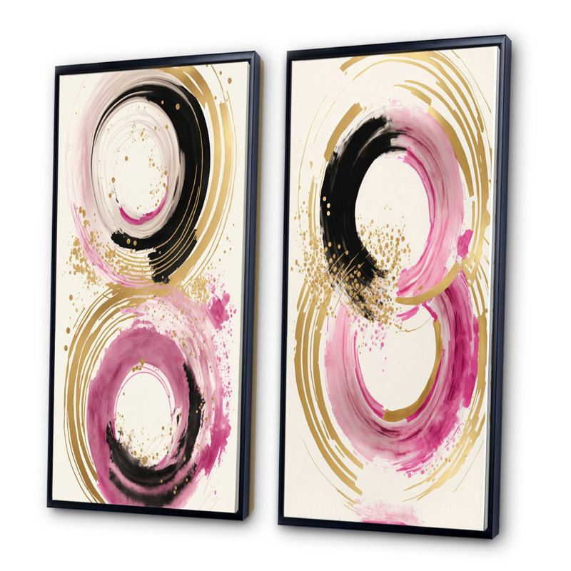 «Pink And Gold Curves», 2 pièces sur toile, Cadre noir, H 40 po x l 40 po