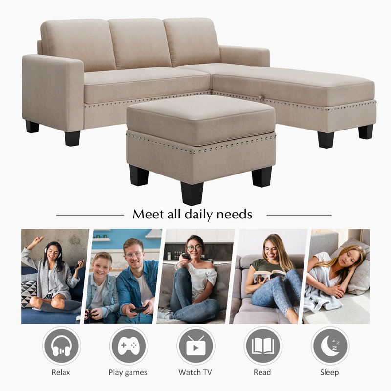 Canapé modulaire réversible en forme de L avec repose-pieds Iraheta - ensemble modulaire 3 pièces avec garniture cloutée et tissu texturé de qualité supérieure