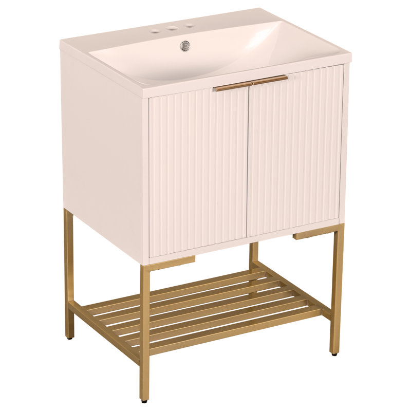 Meuble-lavabo 24 po avec lavabo, meuble-lavabo avec deux portes et cadre en métal doré, tablette de rangement ouverte