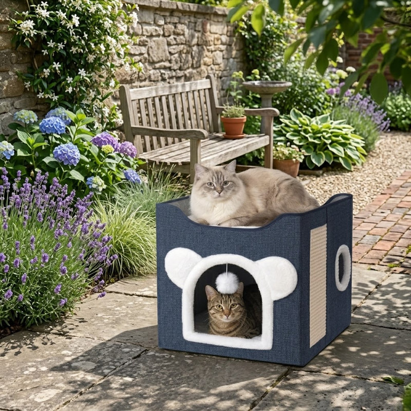 Maison de chat d'intérieur avec boule pelucheuse et patin à gratter, grande grotte couverte de lit pour chat, cachette pliable pour chatons, conception légère