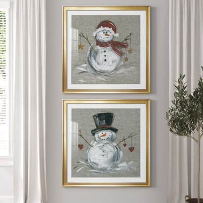 Bonhomme de neige en lin I - Encadré sous verre acrylique, ensemble de 2, grande décoration murale pour salon