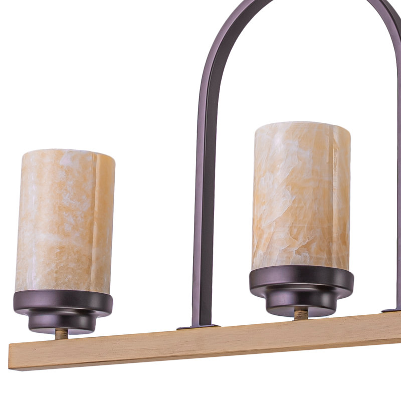 Lustre industriel rustique à 3 ou 6 lumières avec abat-jour naturel en albâtre, poutre en faux bois et cadre en fer en forme de U, hauteur réglable de 19 à 98 po pour îlot de cuisine - Répertorié ETL