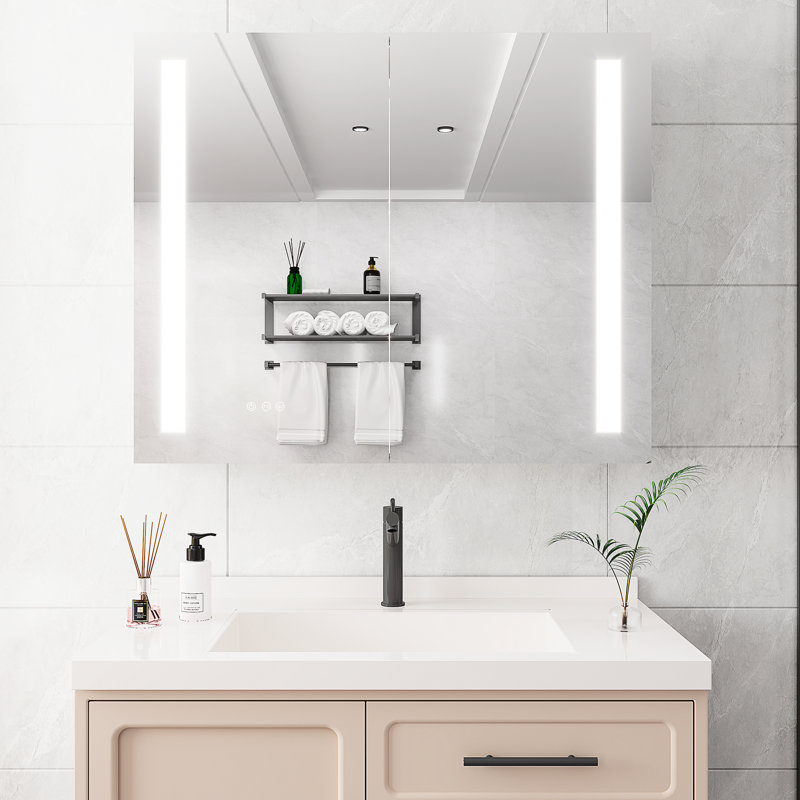 Armoire à pharmacie 36 po x 30 po avec miroir à DEL - brouillard, options et effets d'éclairage personnalisables pour salle de bain à double porte encastrée / à fixation en surface Luminaire à température de couleur réglable