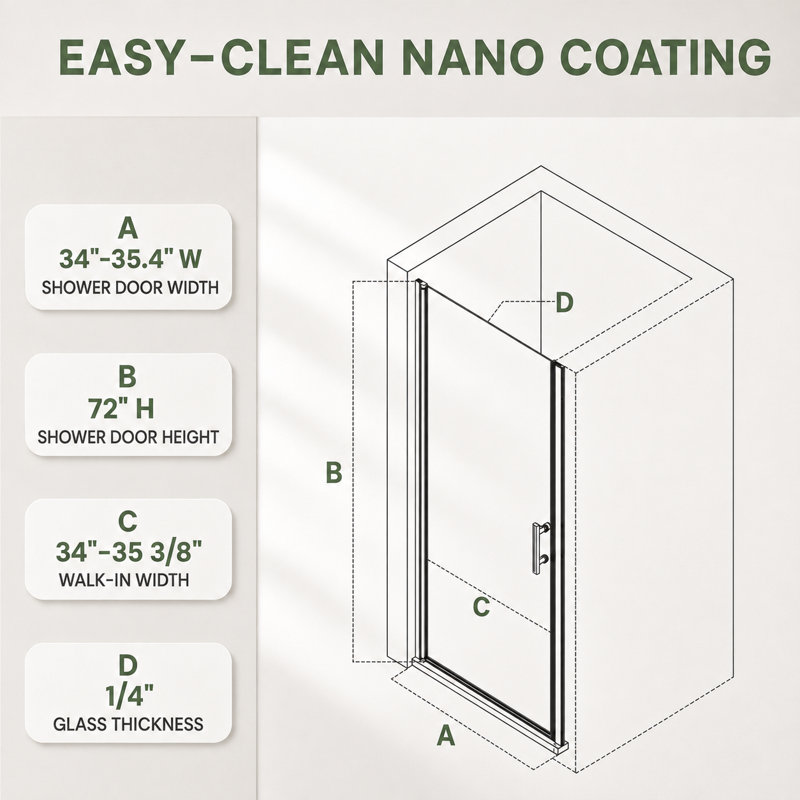 Cascada 34-35.4" W x 72" H Pivot Shower Door with 1/4" 6mm Tempered Glass, Matte Black, Matte Black